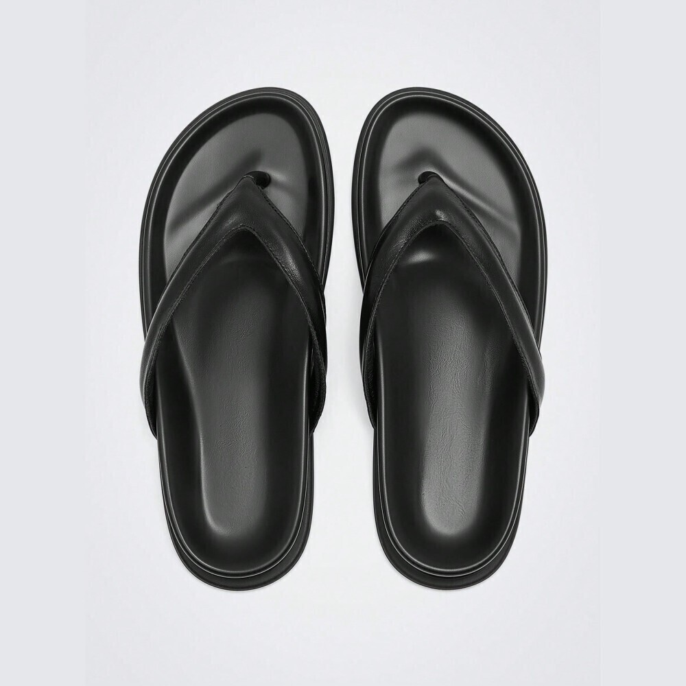 Black Faux Leather Thong Strap Platform Flip Flop Sandals